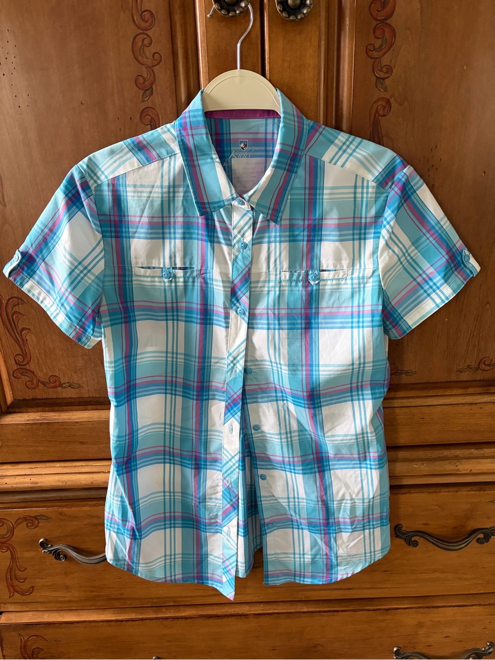 Kuhl Women's Short-Sleeve Plaid Button-Down Shirt - Turquoise, White & Pink